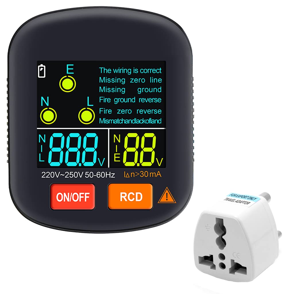 Serplex RCD Socket Tester, EU Plug Voltage Tester with Live Voltage and Leakage Voltage Display, Automatic Voltage and Leakage Check Battery Powered Wall Plug for Neutral Line Wire Serplex RCD Socket Tester, EU Plug Voltage Tester with Live Voltage and Leakage Voltage Display, Automatic Voltage and Leakage Check Battery Powered Wall Plug for Neutral Line Wire
